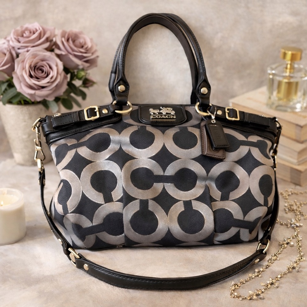 Coach 2011 Madison Op Art Bag F18808 in Silver & Black Pink Lining!‎ - Picture 2 of 16